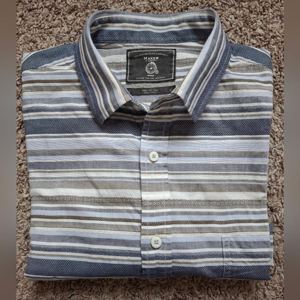 Marker Striped Button-Down Shirt in Blue, Gray & White L